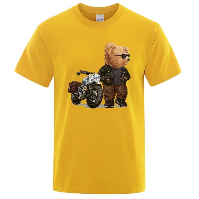 

Футболка с изображением плюшевого мишки на мотоцикле в солнцезащитных очках для мужчин и женщин, забавная футболка, хлопковая свободная повседневная футболка в стиле хип-хоп XXXL