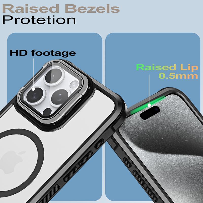 Magsafe Matte Soft TPU Border+Transparent PC Back Cover Holder Shockproof Phone Case For IPhone 15 Pro Max 13 12 11 14 Pro Max
