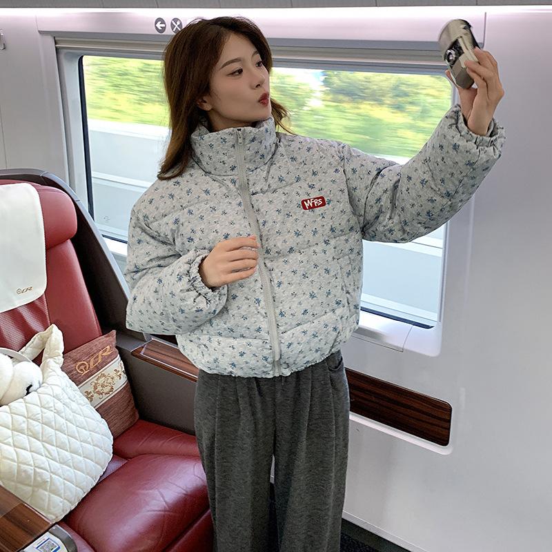 Cotton Clothes for Women Short Loose Down Cotton Clothes for Autumn and Winter Thickened Stand Collar Small Floral Cotton Jacket