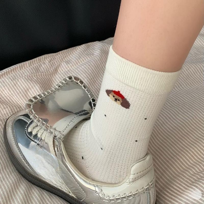 Cute Puppy-style Children's Spring-autumn Cotton Socks, Mid-length Socks, Pile Socks, with Training Shoes and Long Socks.