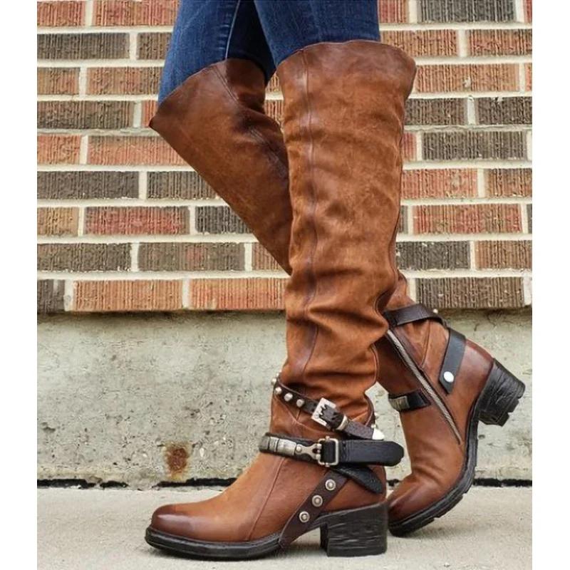 Stivali Al Ginocchio in Pelle Stile Punk Invernali da Donna Vintage Zip Fibbia a Cintura Taglia Larga Scarpe Calde