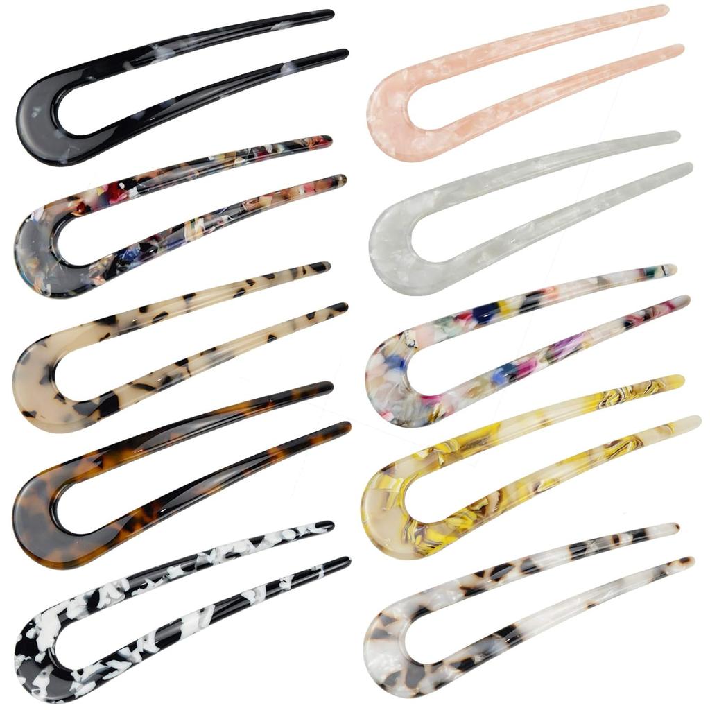 TsLinc 10 Pcs French Style Cellulose Acetate Tortoise Shell U Shaped Hair Pin Fork 2 Prong Updo Chignon Pin U-shaped Hair Pins Stick for Women Girls
