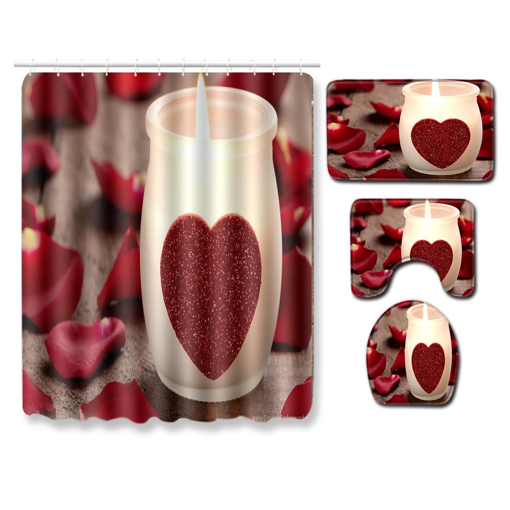 Valentine'S Day Toilet Shower Curtain Four-Piece Printed Floor Mat Set Bathroom Floor Mat Bedroom Absorbent Door Mat Carpet