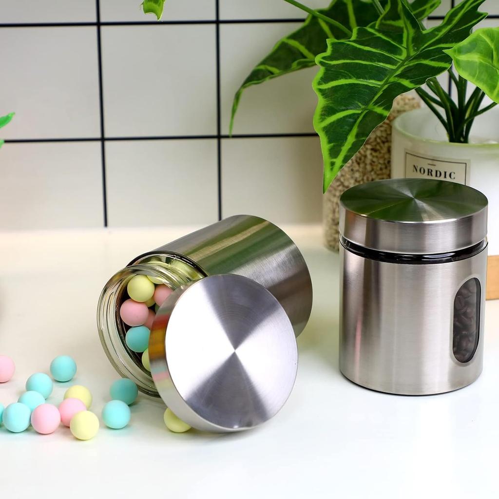 2-Piece 20 Oz Airtight Kitchen Canisters Stainless Steel Glass Food Storage Jars with Lids