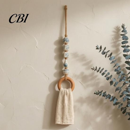 Anello Decorativo Appeso per Organizer, AppendiAsciugamani con Perline e Anello in Legno, Supporto da Parete Multi-Colore Boho, Raffinata Manina in Legno senza Foratura, Portautensili da Fattoria