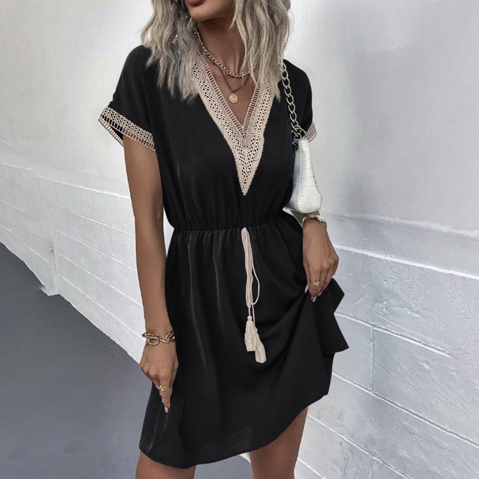 

Women s V-neck Lace Trimmed Waist Cinching Short Sleeved Dress M чорний
