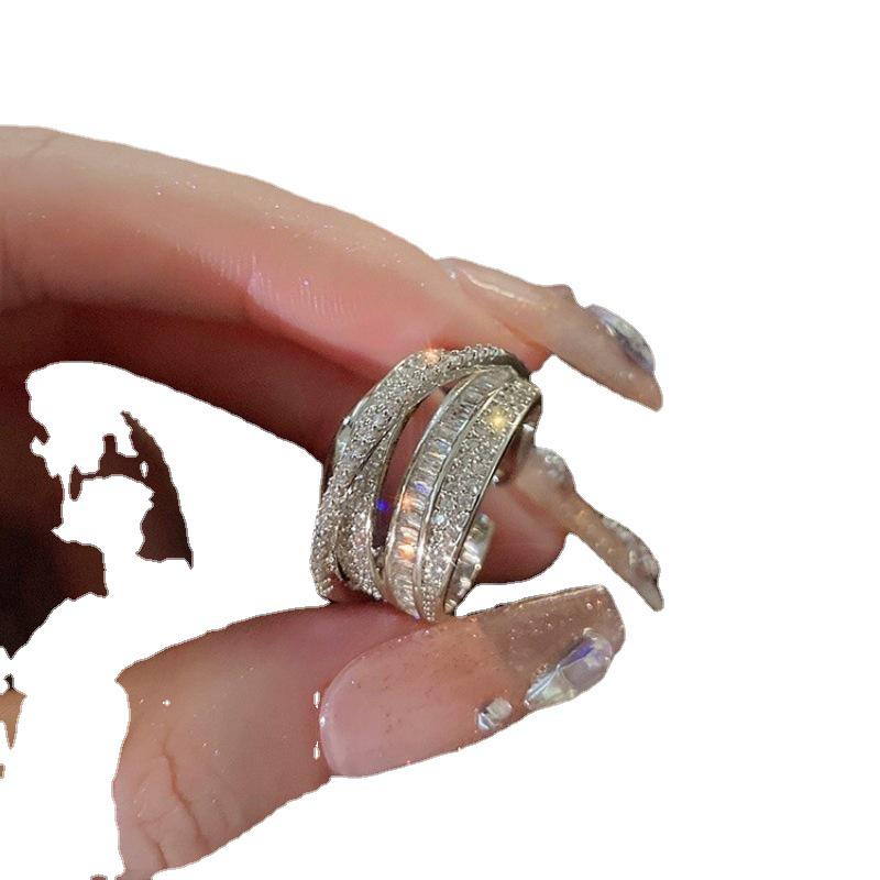 S925 Silver Plated Open Crossover Ring for Women, Wide Band, Trendy Light Luxury Style with Simple Lines for Index Finger.