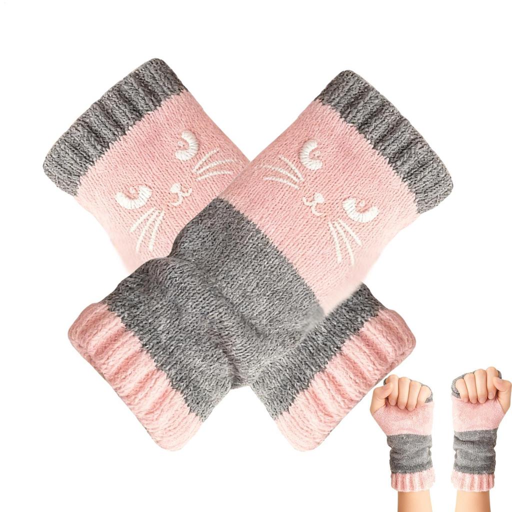 Winterhandschuhe Halbfinger Fahrhandschuhe Gestrickte Fingerlose Handschuhe Katzenstickerei Outdoor Handwärmer Warme Offene Fingerhandschuhe