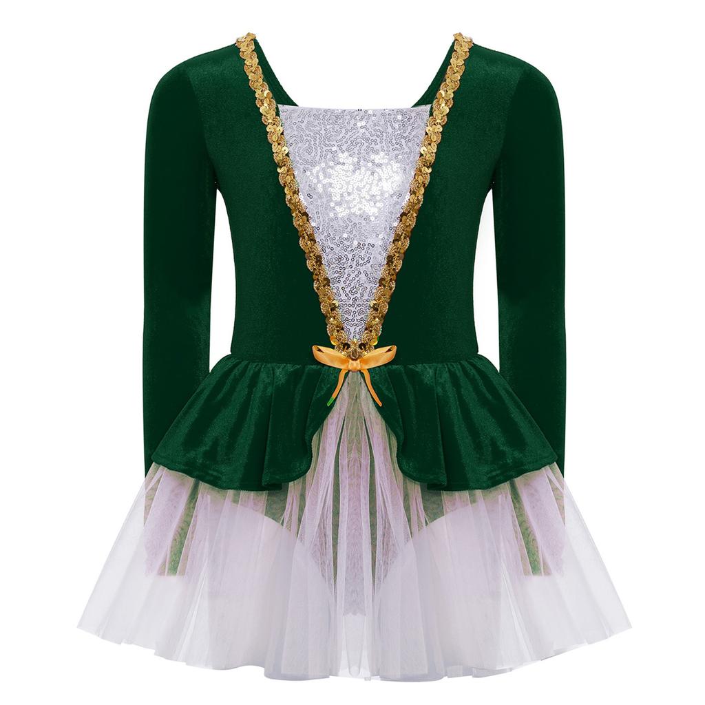 Mädchen Eiskunstlauf Performance Kleid Langarm Glitzernde Pailletten Patchwork Samt Tüllkleid Eingearbeiteter Slip Ballett Kostüm