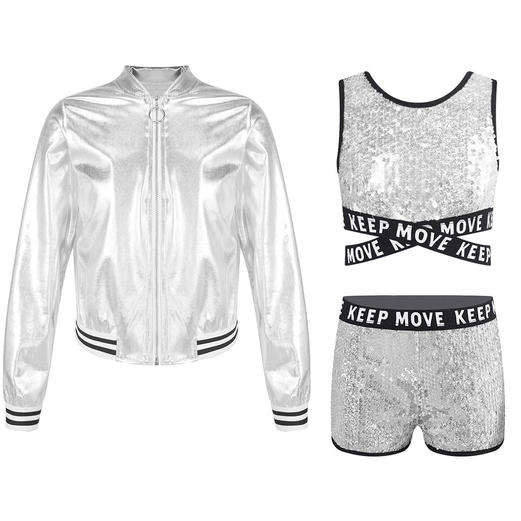Kids Girls Sparkling Sequined Dance Costume Sleeveless Crisscross Strap Crop Top with Shorts and Metallic Jacket