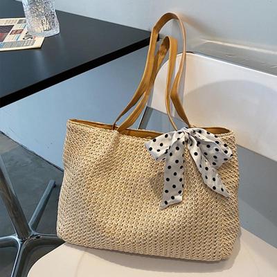 Yazlık Eşarp Fiyonklu Hasır Çanta Kadınlar İçin Seyahat Plaj Çantaları Büyük Kapasiteli Alışveriş Tote Günlük Rattan El Yapımı Omuz Çantası sac
