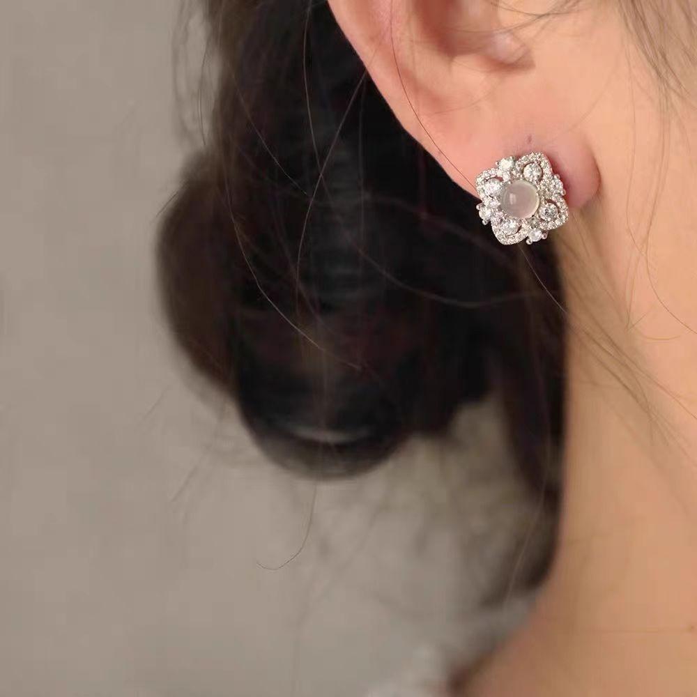 Elegant Flower Earrings with Simulated White Chalcedony and Full Diamonds for Women Minimalist Luxury Ear Jewelry