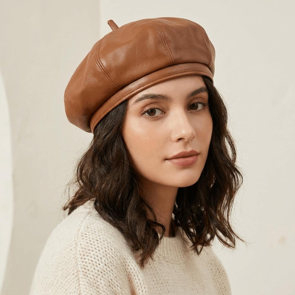 British Style Octagonal Hat Solid Color Painter Hat Retro PU Leather Beret  Streetwear