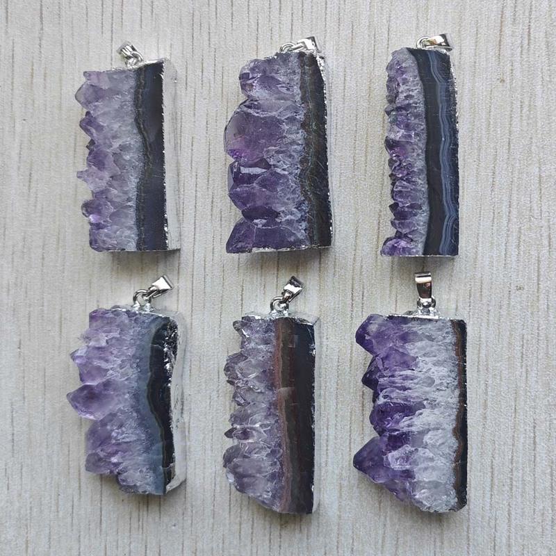 Beautiful Natural amethyst stone Slice Druzys Energy Healing  irregular Rectangle pendants for jewelry making Wholesale 6pcs/lot