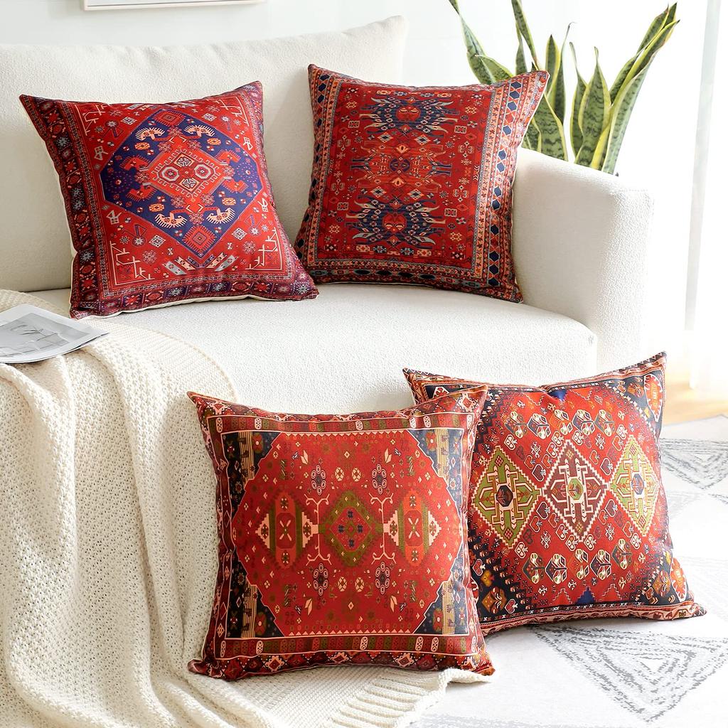 4 Pcs Double Sided Persian Kilim Cushion Covers, Bohemian Tribal Geometric Throw Pillow Cases (No Inserts)