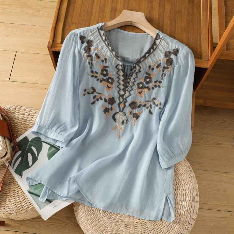 Ethnic Embroidered Cotton and Linen Shirt, Western Style Casual Summer Pullover, Loose Literary Blouse