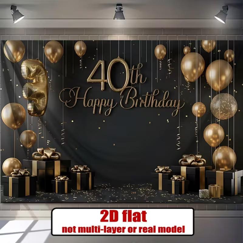 

2D Black Gold Happy 40th Birthday Backdrop Balloon Confetti Party Decoration Banner 47.2x31.5inch/120*80cm