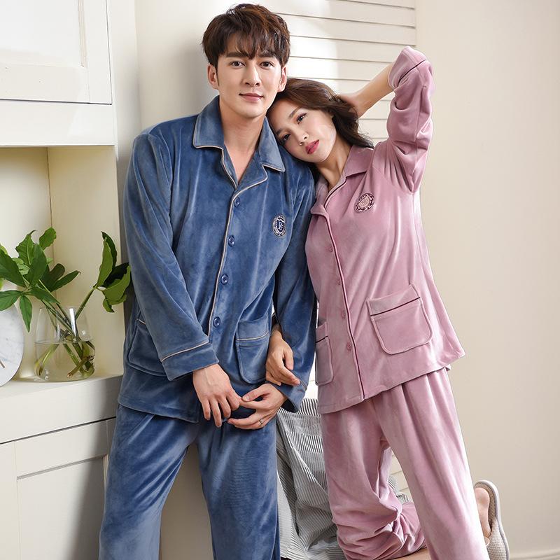 Autumn And Winter Coral Fleece Couple Pajamas Women'S Warm Island Fleece Suit Men'S Cardigan Large Size Loungewear