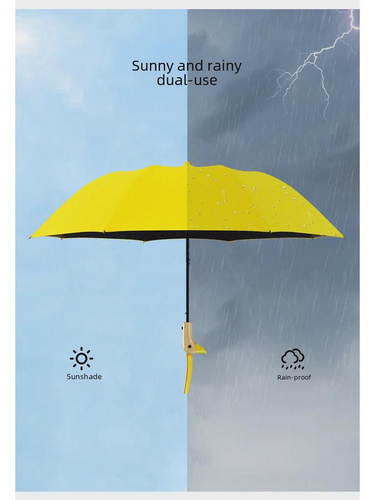 Cartoon Duck Umbrella: Semi-Automatic, Multi-Color, Black Plastic, Wooden Handle, Cute Yellow Duck Design
