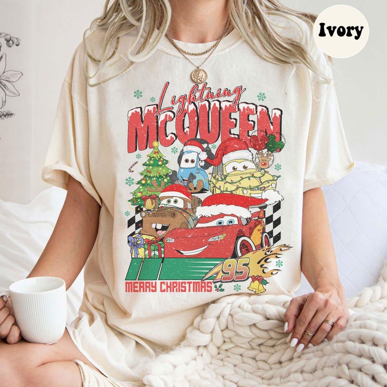 

Lightning Mcqueen Cars Merry Christmas Printed TShirt Doublesided Shortsleeved for Unisex Women Street Tops Clothing S