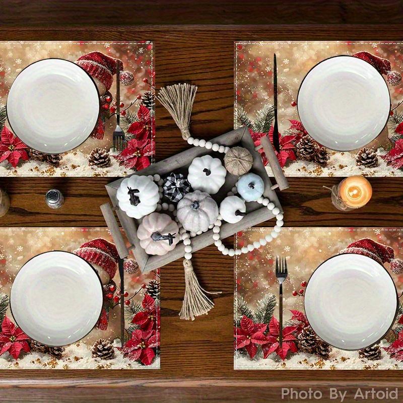 4pcs Linen Placemats Set, Christmas Snowman Pinecone Red Flower Design, Suitable for Kitchen Dining Table Decor, Home Party Dinner Decoration, 12x18