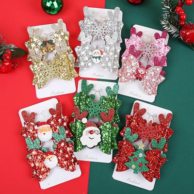 2PCS Cute Girls Christmas Glitter Hair Bows Hair Clips Elk Santa Claus Barrettes Clips Children Christmas Party Hair Accessories