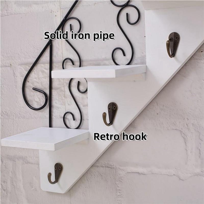 Wrought Iron Wall-Mounted Shelving Unit with Hooks
