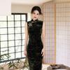 Green velvet bronzing sleeveless cheongsam 1011 early autumn new Chinese temperament retro slim daily dress women