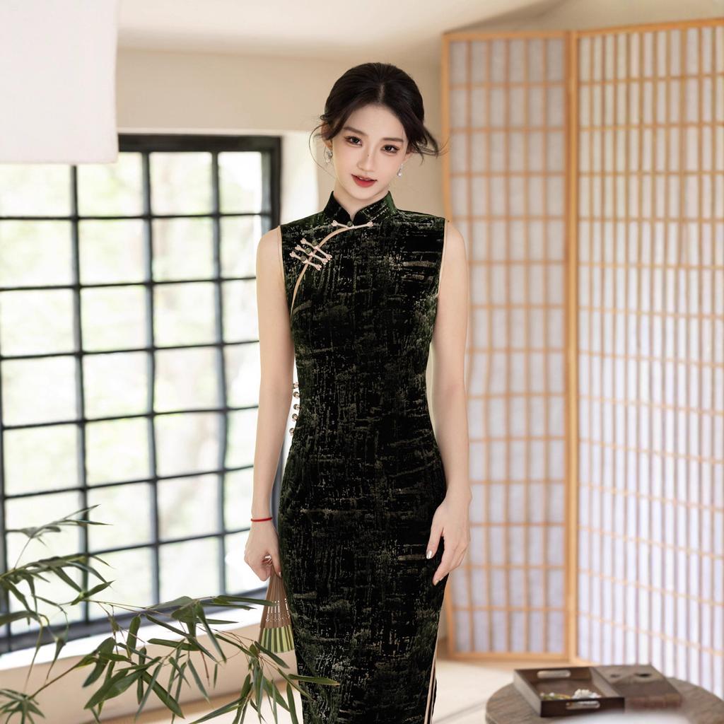 Green velvet bronzing sleeveless cheongsam 1011 early autumn new Chinese temperament retro slim daily dress women