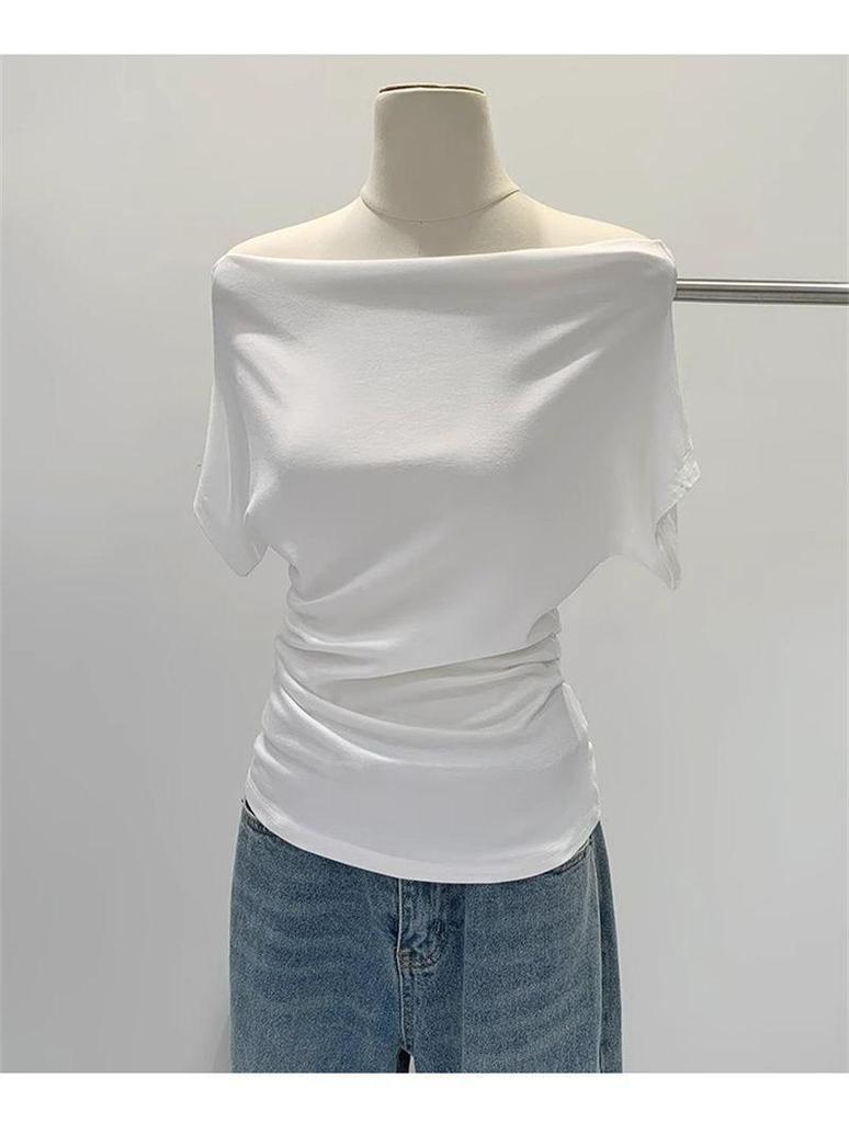 Sommer Reines Verlangen Ein Schulter Schwarz Kurzarm Damen T-Shirt Koreanischer Stil Schlankmachendes Top Freiliegende Schulter Modisch