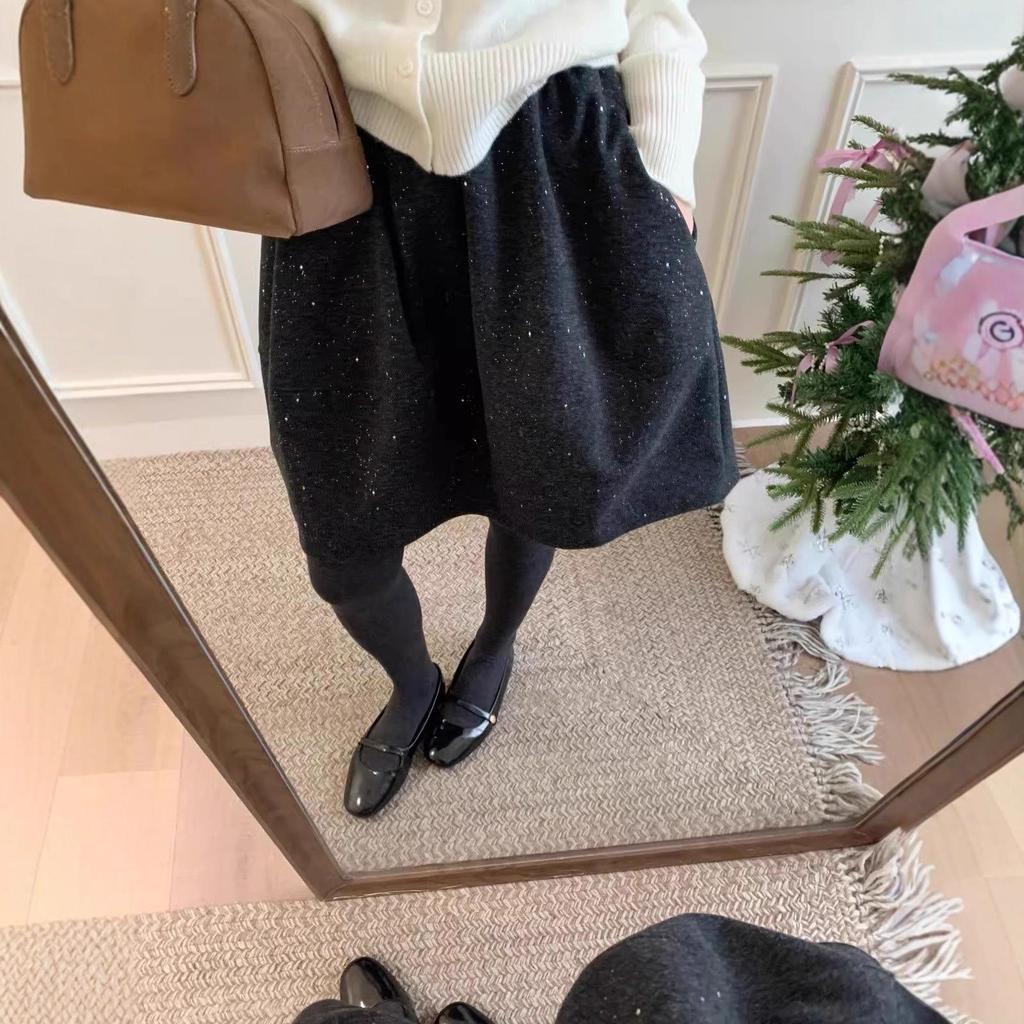 2025 Winter High-Waisted Woolen A-line Umbrella Skirt with Sequins: Slimming Mid-Length Women's Skirt