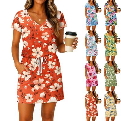 Women's Summer V-Neck Short Sleeved Drawstring With Pocket Floral Print Casual Dress