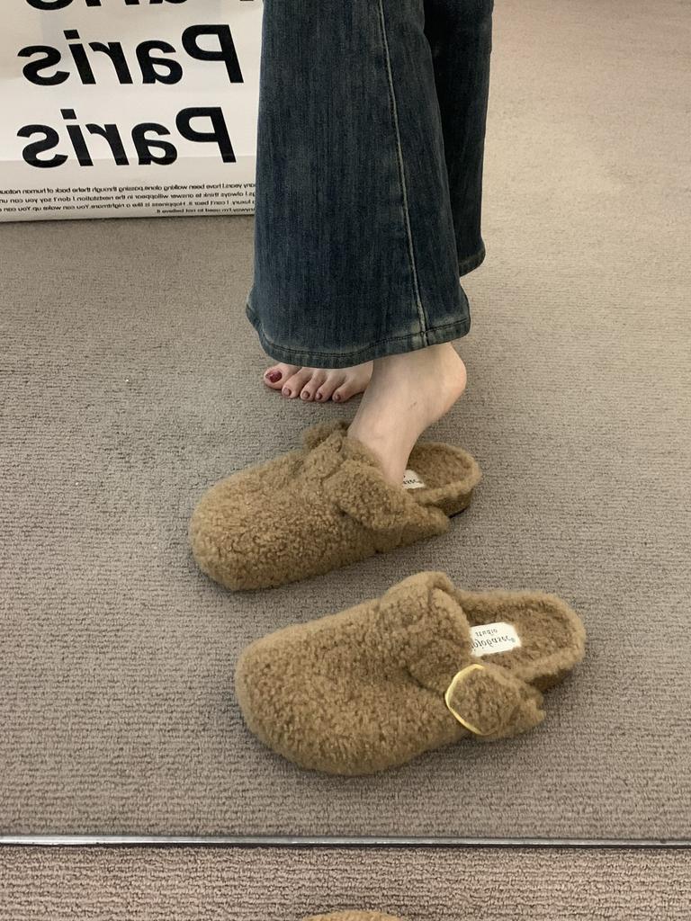 Thick-soled sheep curly wool plush bag head half slippers women's outer wear 2025 winter new cork wool slippers one pedal