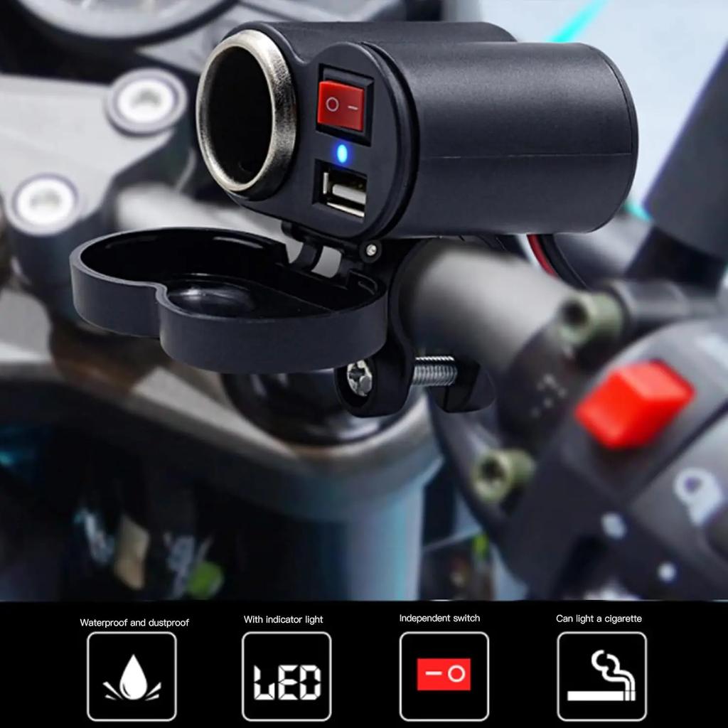 12V Motorcycle Handlebar USB Charger Waterproof Socket with Switch for Cellphones Mobile Tablets GPS