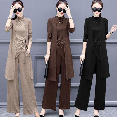 Plus Size Women's Slimming Wide-Leg Pants Suit Set - Spring/Autumn 2026 Style, Semi-High Neck, Casual Three-Piece.