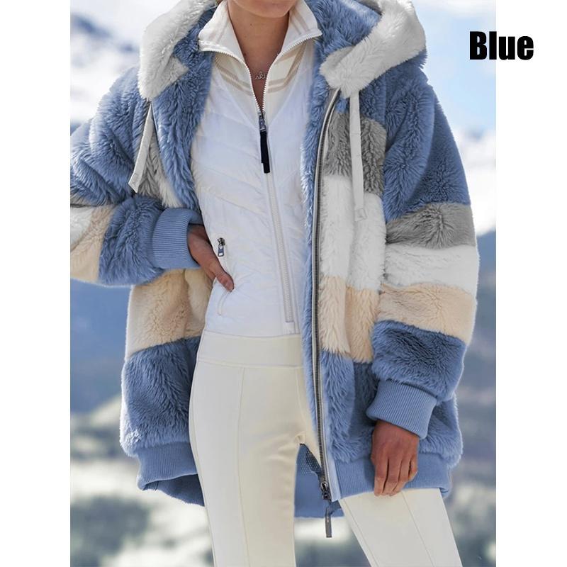New Winter Women's Fashion Jacket Hooded Warm Plush Loose Jacket for Women Patchwork Winter Outerwear Faux Fur Zipper Ladies Parka Coat Plus Size