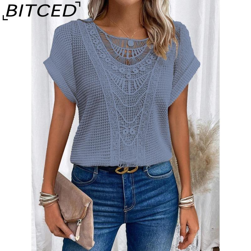 BITCED Women's Spring/Summer Lace-Patchwork Short-Sleeve T-Shirt