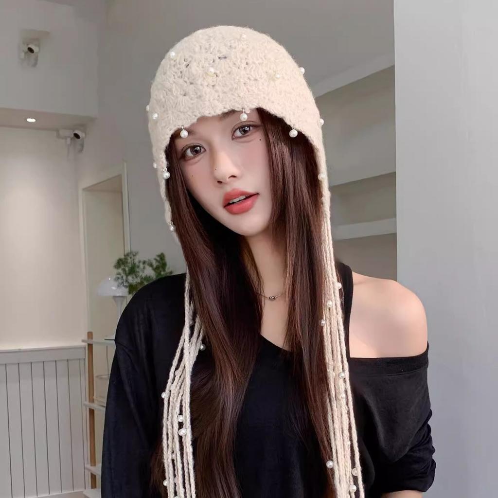 Pearl Tassel Pendant Red Hollow Wool Hat Women's Spring and Autumn Bohemian Style Knitted Pullover Hat