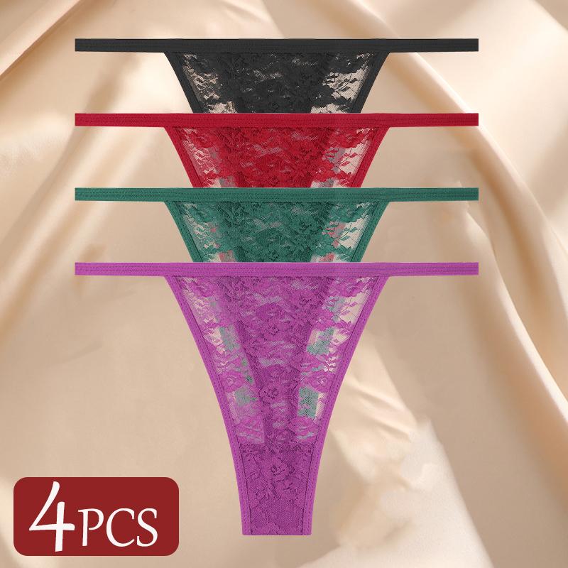 4Pcs/Set Sexy Lace Panties Women Elastic Hollow Out Transparent G-string Thong Female Lace Underpants Perspective Sexy Intimates