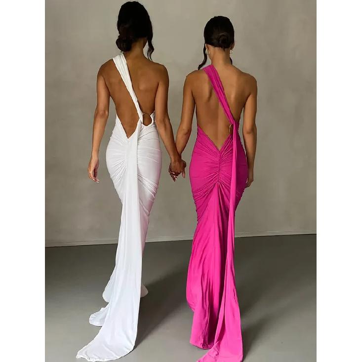 One Shoulder Rückenfrei Verstellbarer Schal Loop Gerafftes Sexy Maxikleid Damen Elegant Y2K Streetwear Festival Outfit