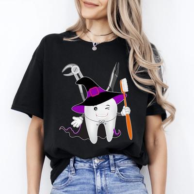 Dentist Halloween Unisex T-Shirt Funny Cute Childish Tooth Wizard Tee Black Dark