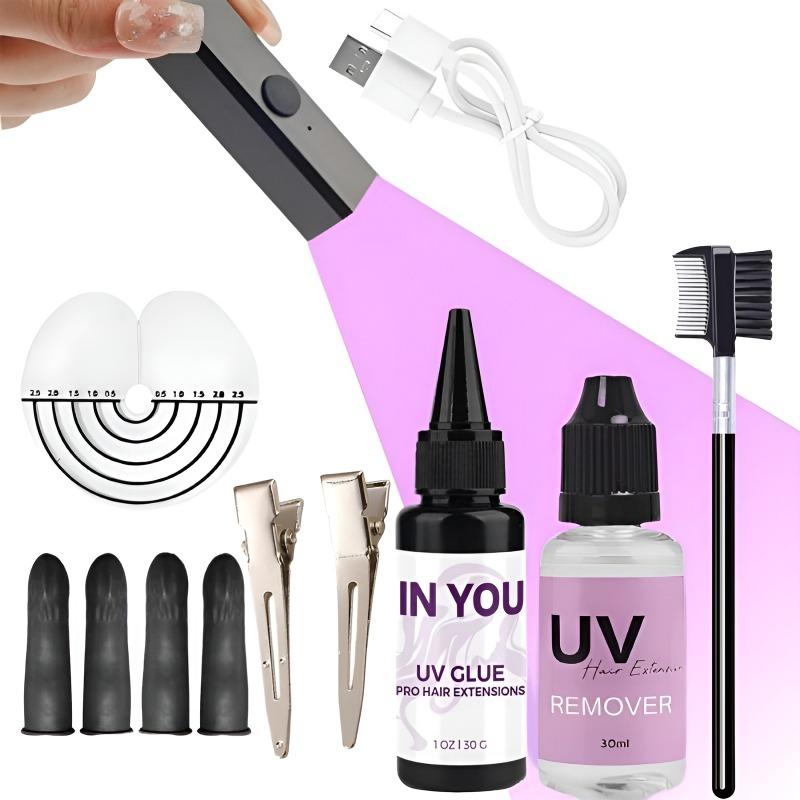 

UV Hair Extension Kit Fast Cure UV Lamp 30g UV Glue 30ml Remover Anti-UV Guards Full Accessories for UV Hair Extensions A set