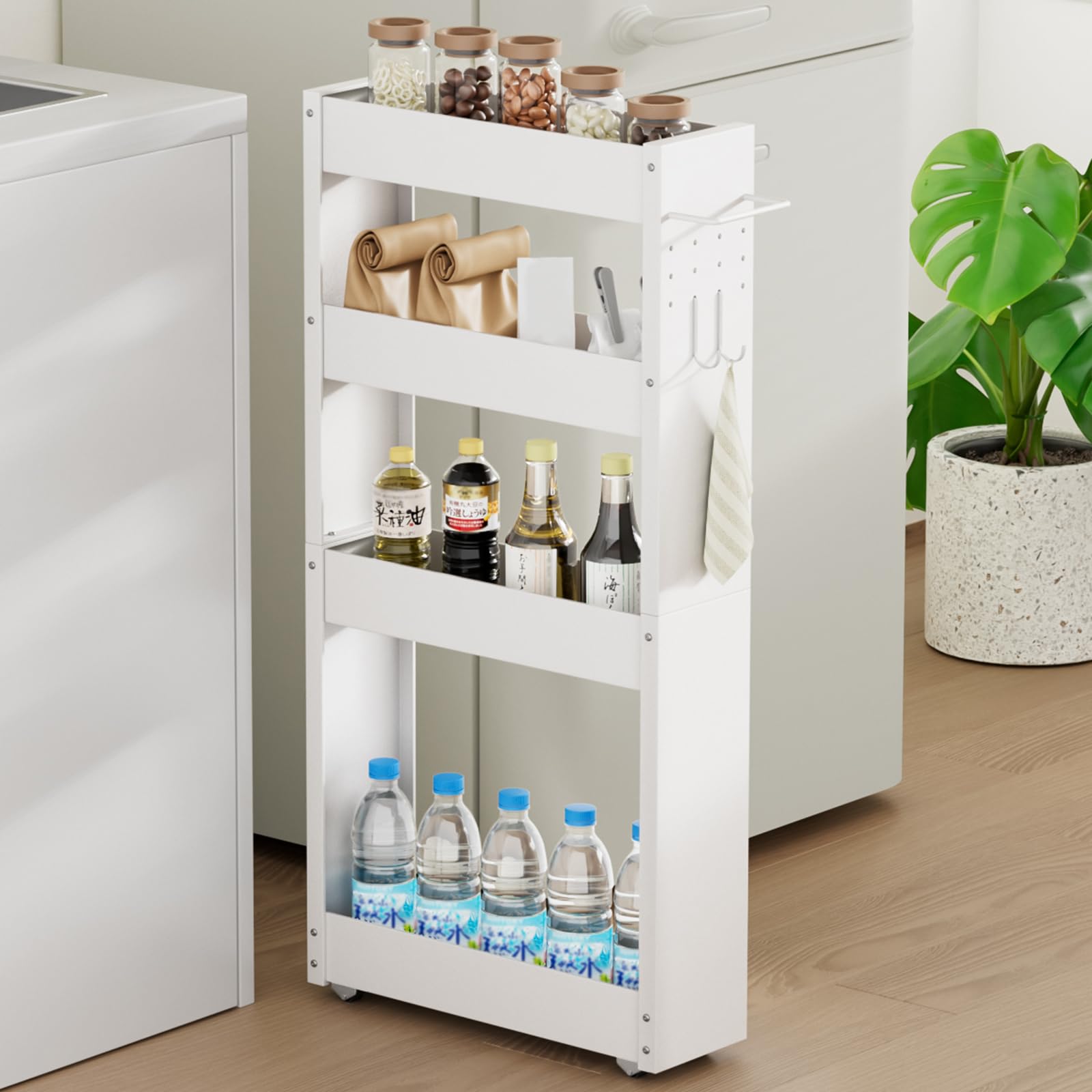 

TKUIN Slim Trolley Kitchen 13cm 4 for Next to Washing Small Steel Storage 32kg Load with Hidden and 2 Hooks Rack, Wide, Tiers, Spices, Storage, белый