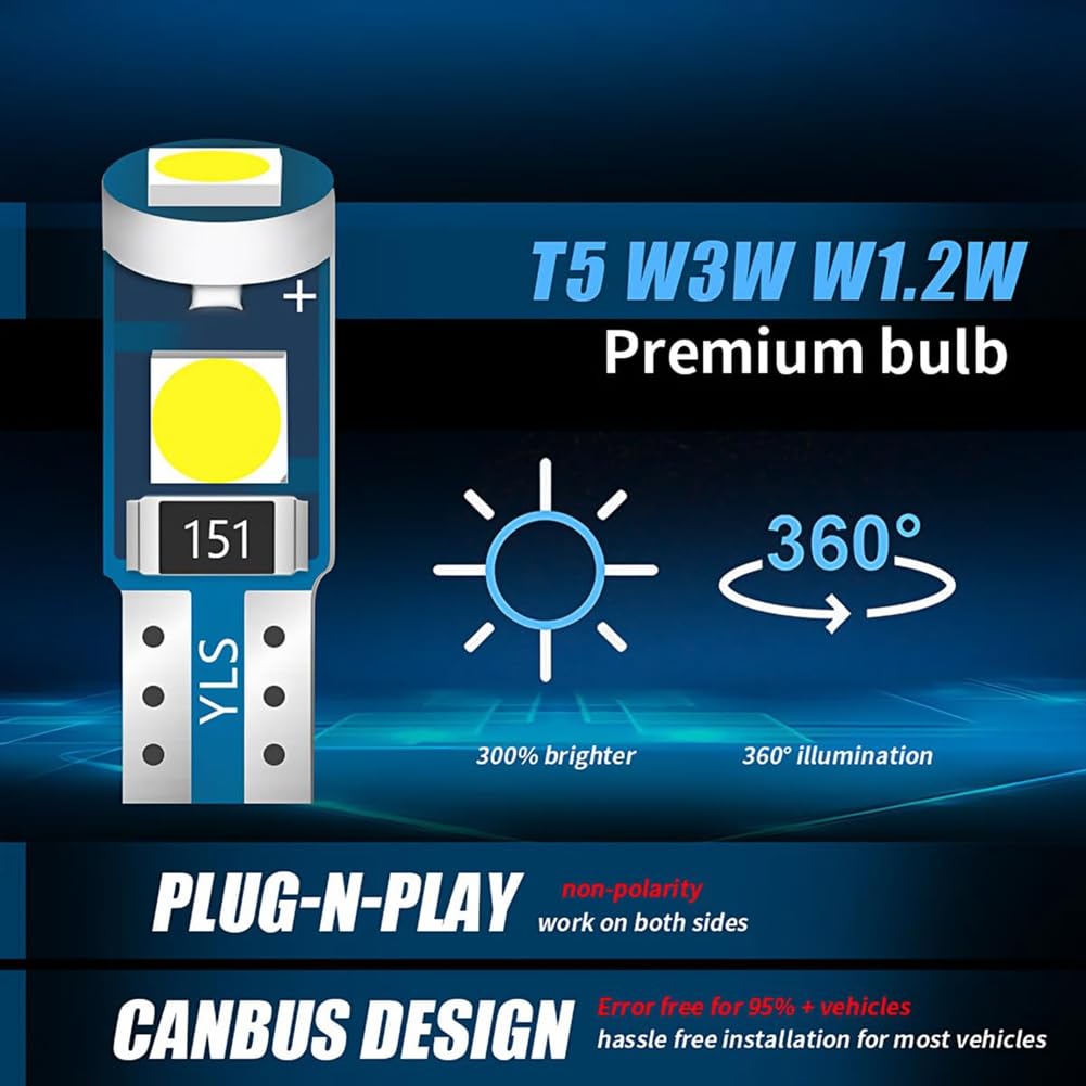 Swagell 20pcs T5 LED Lights for Car Dashboard Panel Gauge Indicator 0-3SMD Light Replacement