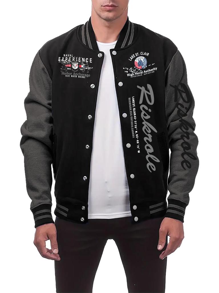 Men's Stand Collar Letter Print Baseball Cardigan Jacket