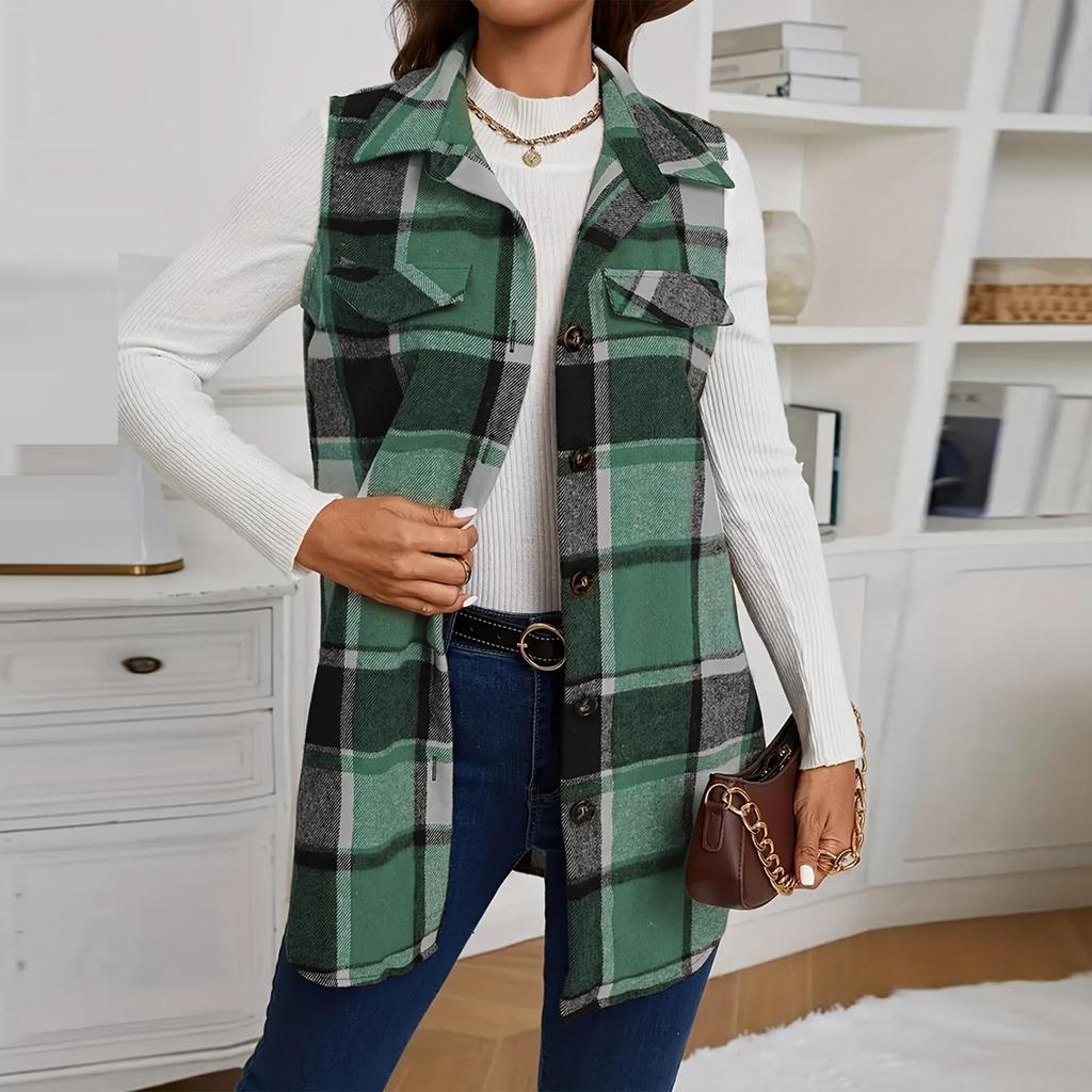 Women's Fashion Casual Tank Top Long Plaid Button-down Vest with Pocket Jacket