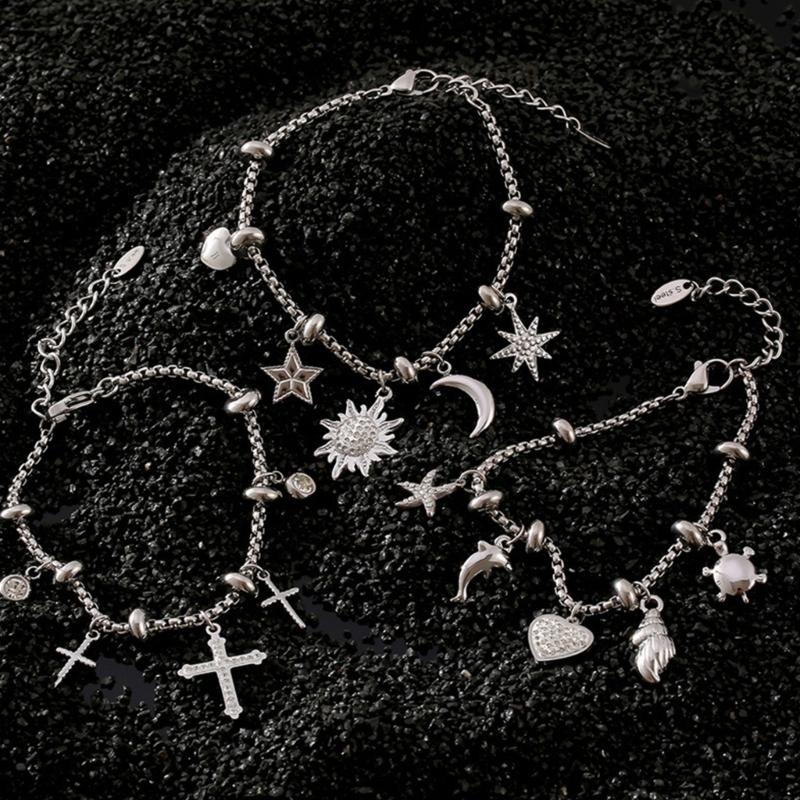 Elegant Sun And Moon Charm Bracelet With Crystal Accent Titanium Steel Lightweight Daily Wear Jewelry