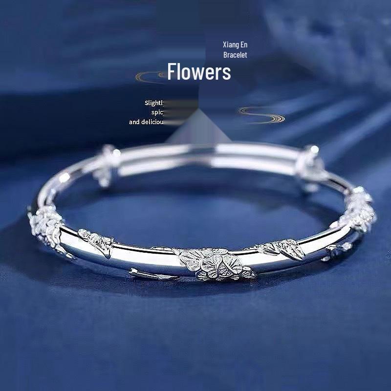 Blooming Flowers Adjustable Pure Silver Women's Bangle - Simple Fashion Bracelet
