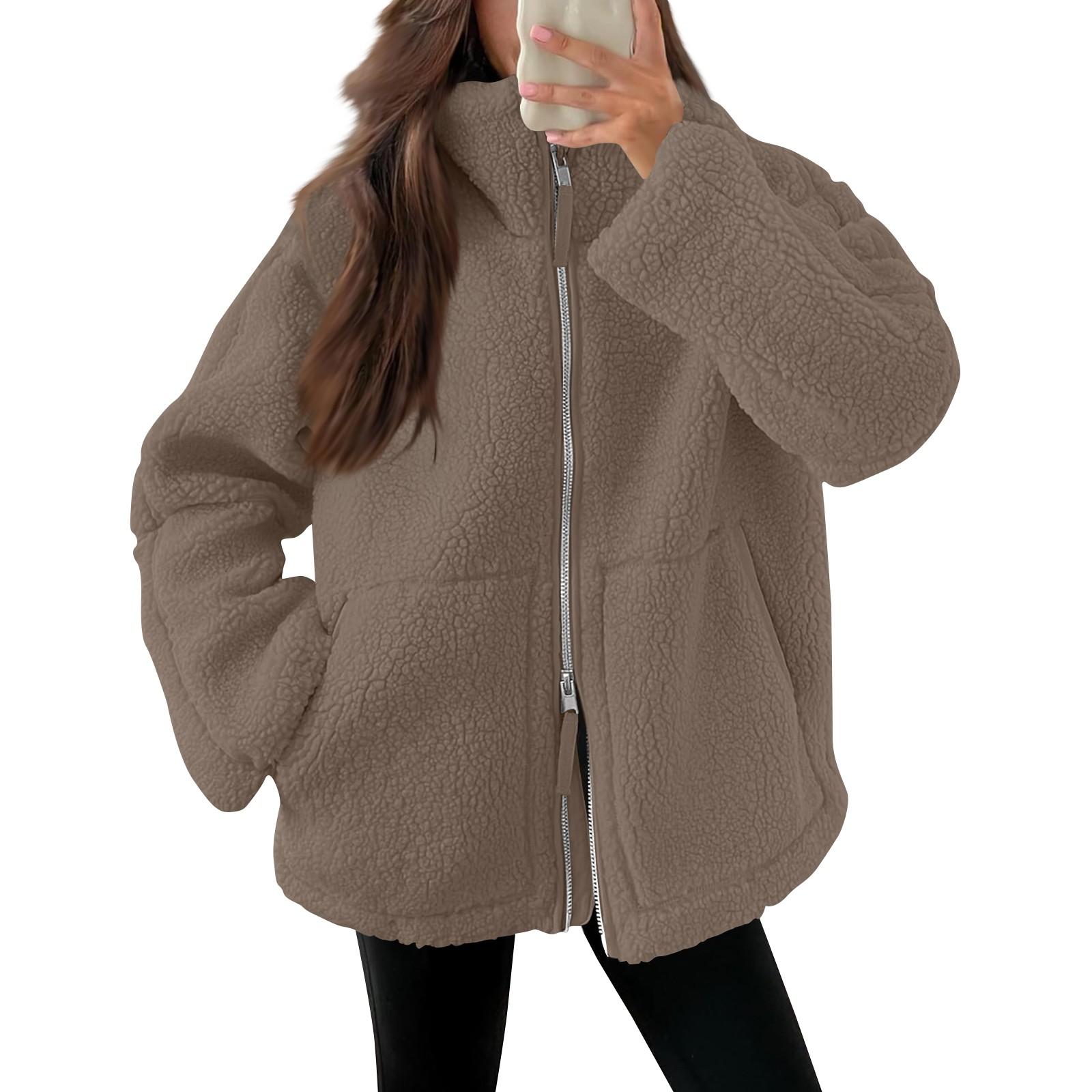 

Женская плюшевая куртка, повседневная, с длинным рукавом, большого размера, теплая, с двойной молнией, зимняя, плюшевая куртка M кофейный