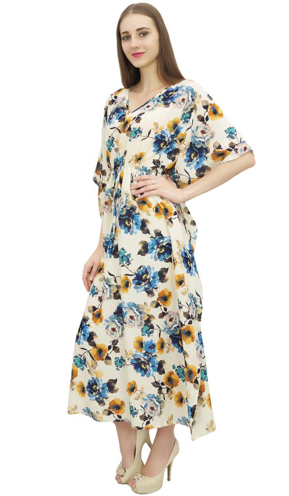 Bimba Women's Easy Wear White Long Kaftan With Drawstring Waist Long